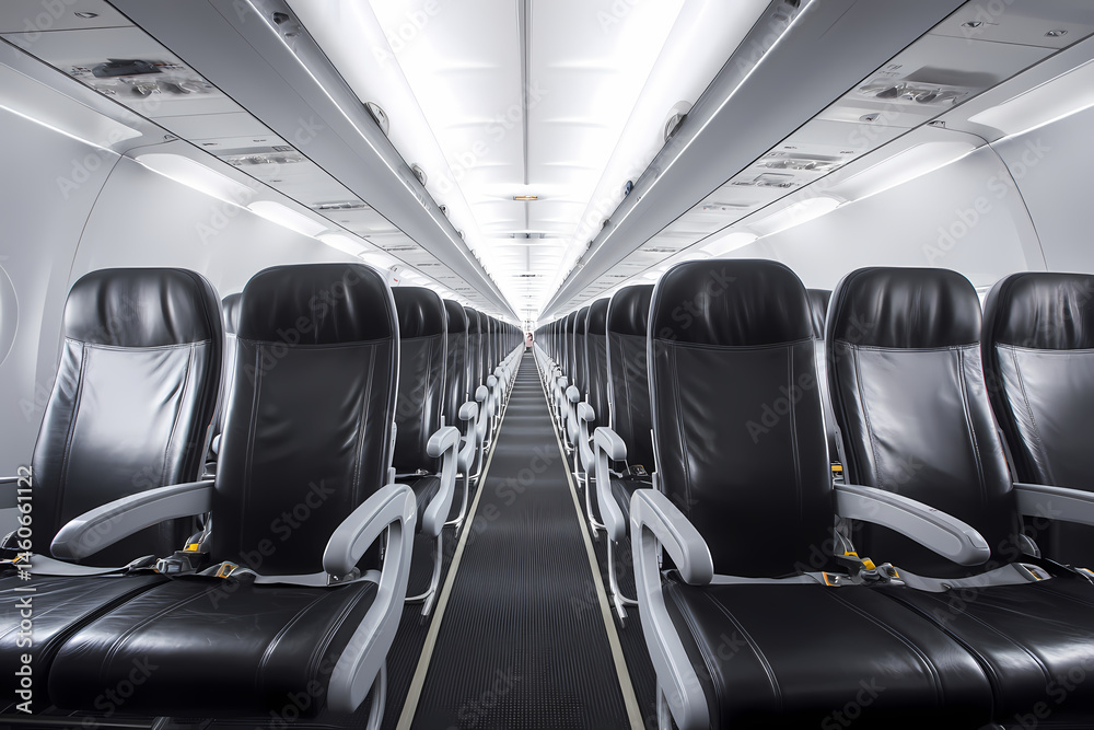 Fototapeta premium Minimalist Airplane Interior with Neat Rows of Seats and Simple Design, Perfect for Modern Travel