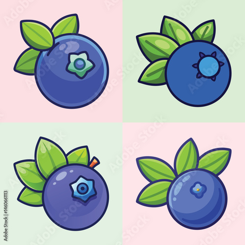 A Collection of Cute Cartoon Blueberries with Green Leaves