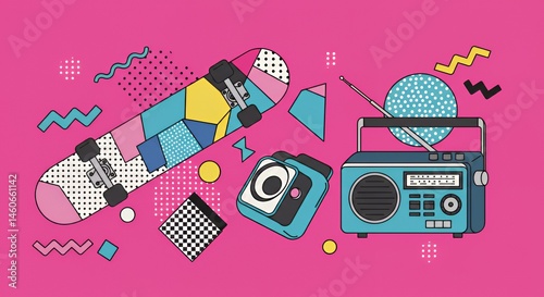Retro 80s and 90s Vibes: Skateboard, Radio, and Camera in a Pop Art Design