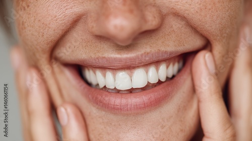 Close-up shot of a woman is face, smiling widely with bright white teeth, fingers on her cheeks, cropped image showing her joyful expression.