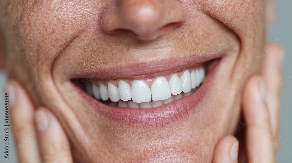 Fototapeta premium Woman with fingers on her cheeks, smiling widely, showing off bright white teeth, close-up cropped shot of her face.