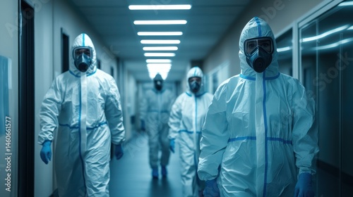 Healthcare workers in protective suits walking through a hospital corridor