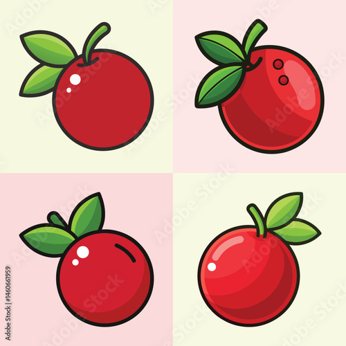 Collection of Four Red Fruit Illustrations with Green Leaves Cartoon Style