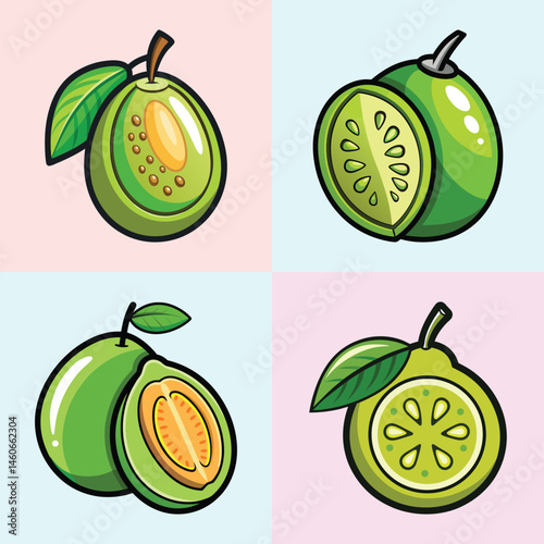 Delicious Green Guava Fruit Illustration Set Whole and Half Slices Cartoon Style