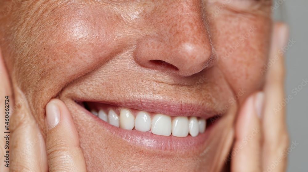 Fototapeta premium Portrait of a woman, fingers gently resting on her cheeks, smiling widely with bright white teeth, close-up cropped shot.