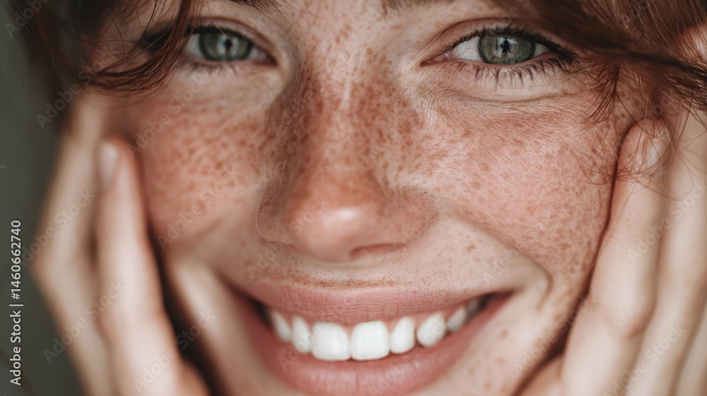 Portrait of a woman, fingers gently resting on her cheeks, smiling widely with bright white teeth, close-up cropped shot. Portrait of a woman, fingers gently resting on her cheeks, smiling widely with bright white teeth, close-up cropped shot.