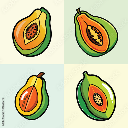 A Colorful Collection of Halved Papayas Illustrated in a Vibrant Cartoon Style