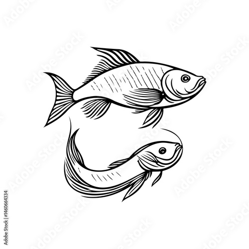Stylized aquatic fauna illustration showcasing monochrome fish representation