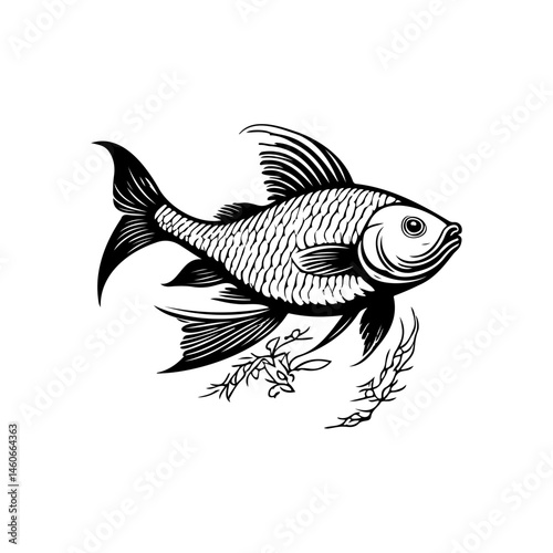 Monochromatic fish rendering with intricate line work and aquatic plant details