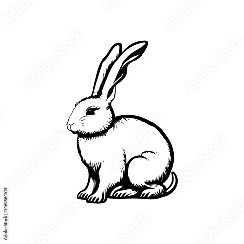 A delicately rendered monochrome illustration of a rabbit with attentive ears