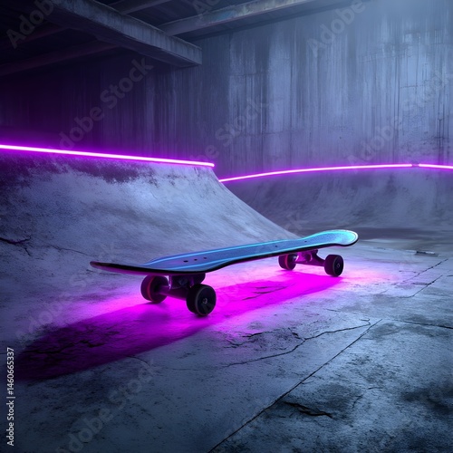 Neon Skateboard Resting on Concrete Park Ramp, Perfect for Urban Tricksters and Skateboard Enthusiasts photo