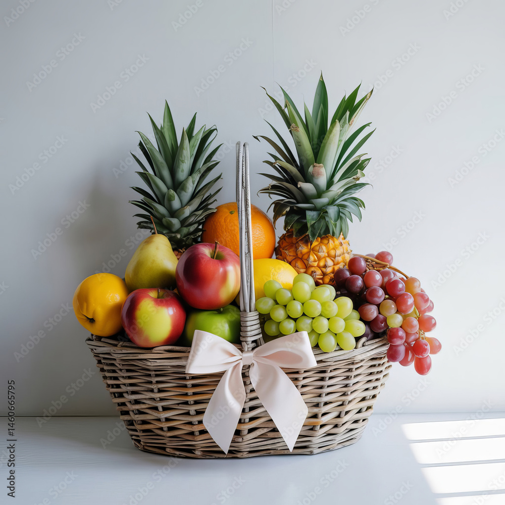 Decorative Basket of Fresh Fruits with Elegant Ribbon on a Sunlit Table Decorative Basket of Fresh Fruits with Elegant Ribbon on a Sunlit Table