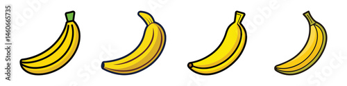 Four cartoon bananas in various stages of ripeness and colors on white