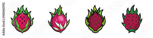 Dragon Fruit Illustration Set: A vibrant and graphic set of four illustrated dragon fruits, showcasing their unique shapes and colors.  Each fruit is depicted with intricate detail and a delightful.
