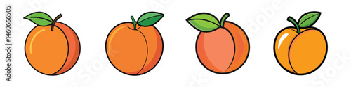 Four cartoon peaches with leaves side by side on a white background