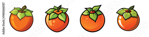 Four cartoon styled persimmon fruits with green leaves and brown stems