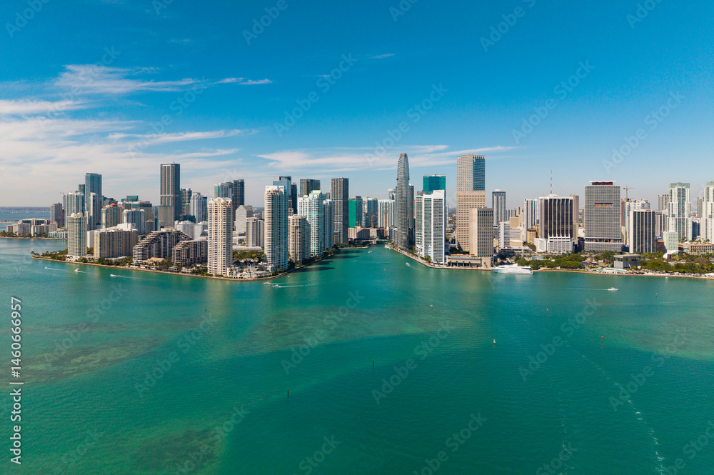 Naklejka premium Miami skyscraper cityscape. Miami city skyline view of Brickell key. Miami downtown. Skyscraper building. Cityscape building downtown. Travel destination. City architecture. Miami luxury skyline