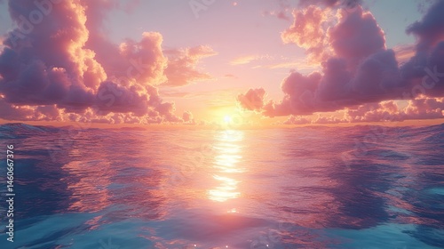 Fototapeta Naklejka Na Ścianę i Meble -  Pink sunset reflection over the sea, clouds scattered, soft peaceful light