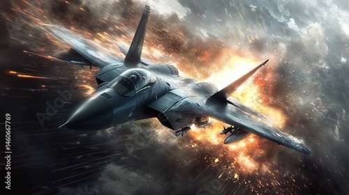 A dramatic scene of a fighter jet engaging in an intense dogfight mid-air.