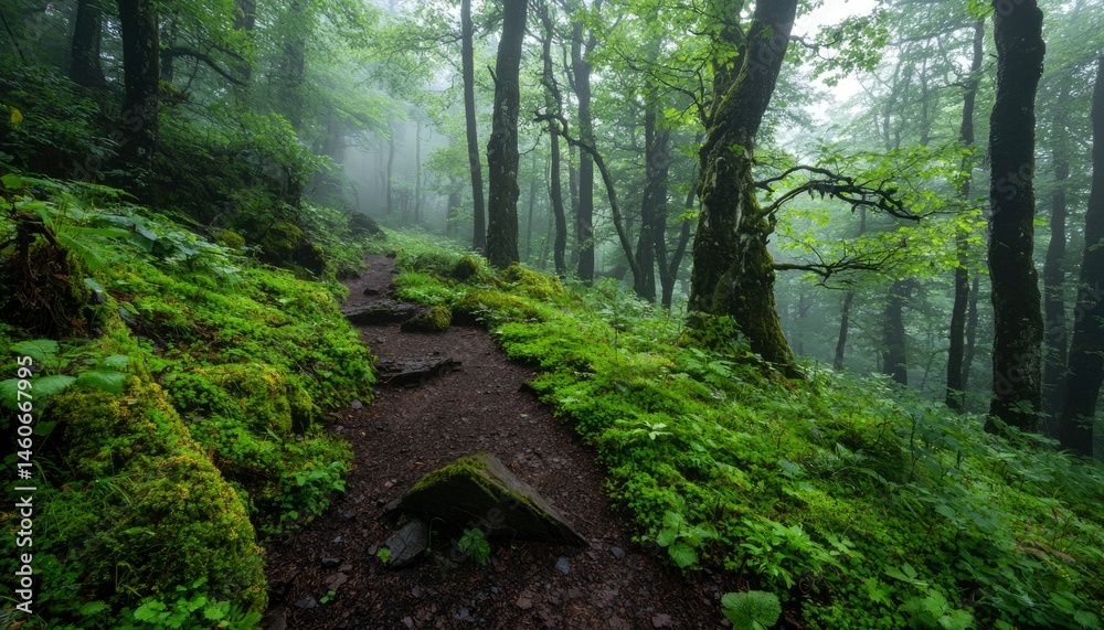 Obraz premium Misty forest path winding through lush greenery