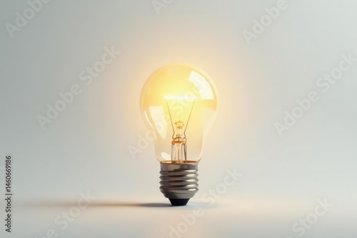 Single lightbulb glowing intensely on white background, achievement, perspective