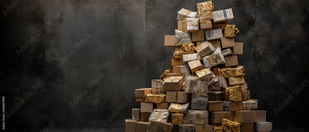 A visually striking pile of textured boxes against a dark background, creating a sense of depth and intrigue.