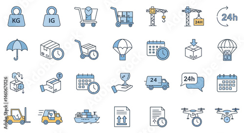 Logistics and Shipping Icons Weights Cart Umbrella Boxes Forklifts and Ship