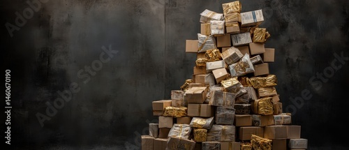 Obraz na płótnie A visually striking pile of textured boxes against a dark background, creating a sense of depth and intrigue. w salonie