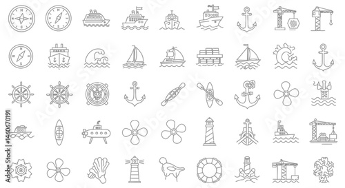 Nautical themed outline icons featuring compasses ships wheels and sea life