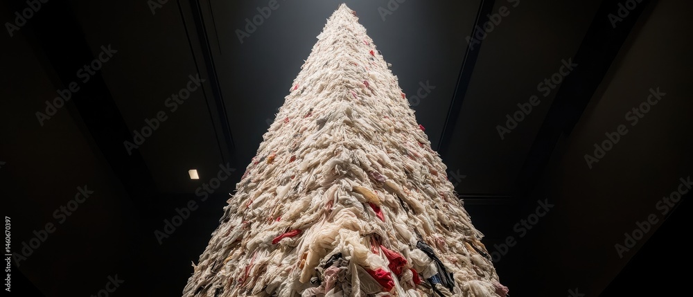 A towering structure made of intertwined materials, resembling a Christmas tree, set against a dark background.