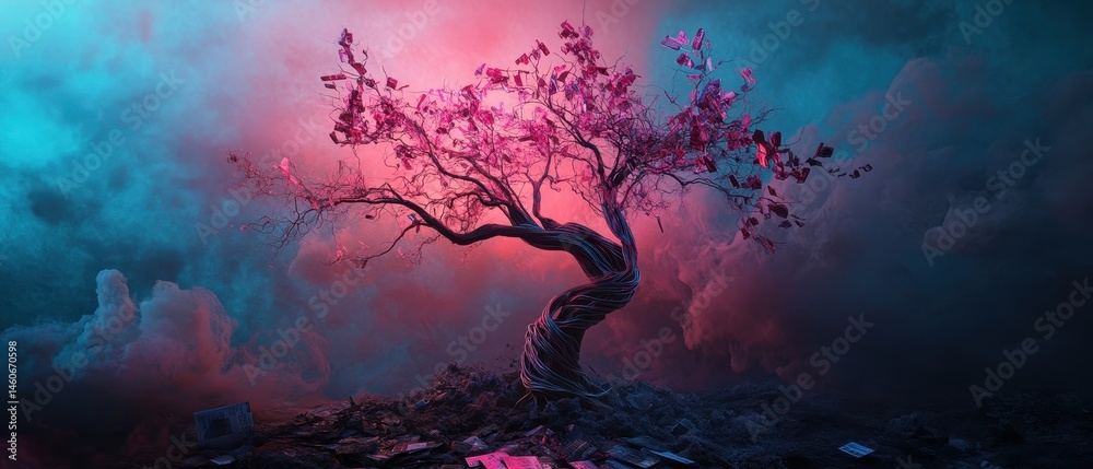 A surreal tree surrounded by vibrant colors and debris, symbolizing resilience amidst chaos.