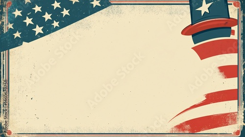 Vintage American Patriotic Background with Stars, Stripes, and Uncle Sam Hat