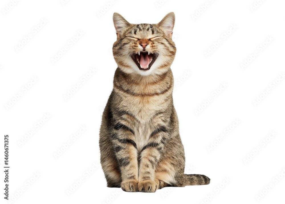 Naklejka premium Cute tabby cat yawning or laughing with mouth wide open, sitting isolated on transparent background, animal, pet, feline