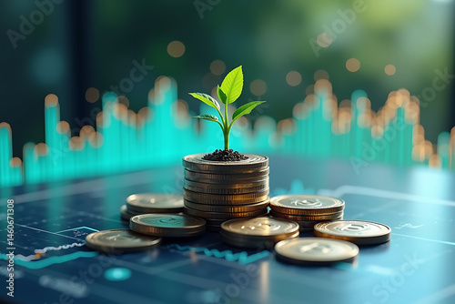Coins Stacked Beneath a Growing Green Plant with Glowing Holographic Financial Graph. AI-generated photo