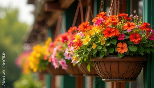 Wallpaper Mural Vibrant blooming hanging baskets overflowing with colorful flowers , window box, vertical gardening Torontodigital.ca