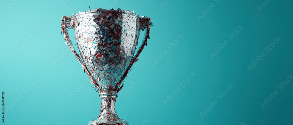 A silver trophy with intricate detailing against a vibrant blue background, symbolizing achievement and success.