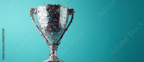 Obraz na płótnie A silver trophy with intricate detailing against a vibrant blue background, symbolizing achievement and success. w salonie