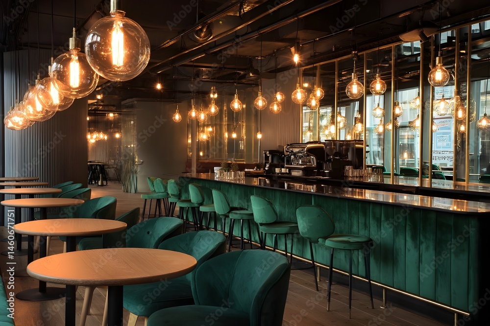 Fototapeta premium Elevate Your Café Experience with Sleek Lounge Design Featuring Mirrored Tablet Tables and Comfortable Seating