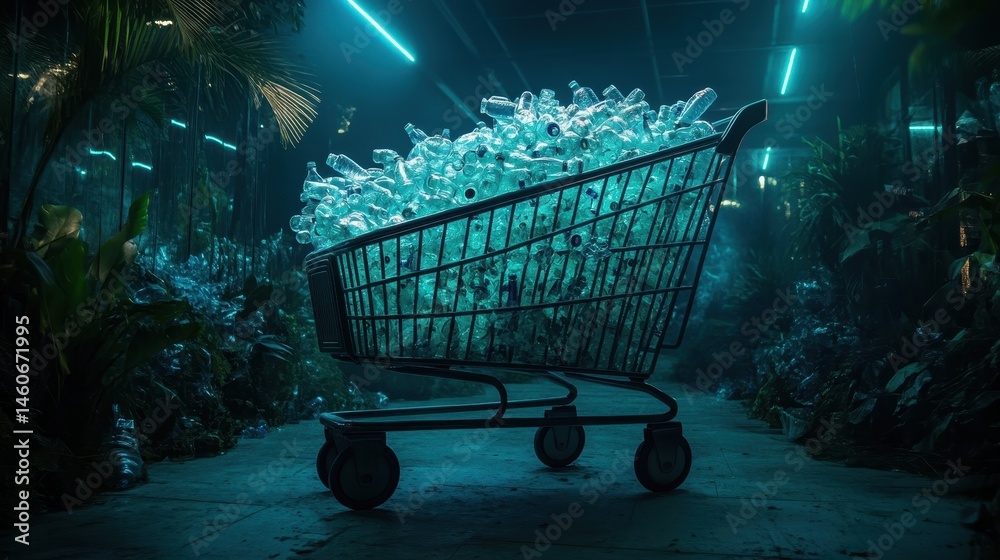 A shopping cart filled with glowing plastic bottles sits amid lush greenery in a dimly lit environment, highlighting environmental concerns.