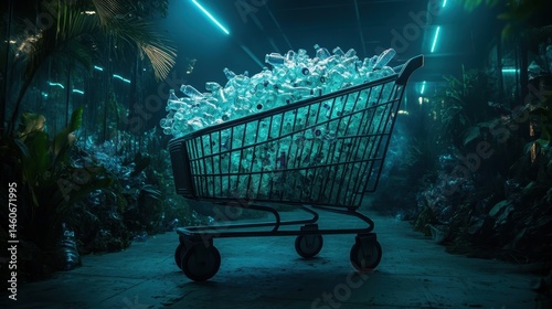 Obraz na płótnie A shopping cart filled with glowing plastic bottles sits amid lush greenery in a dimly lit environment, highlighting environmental concerns. w salonie