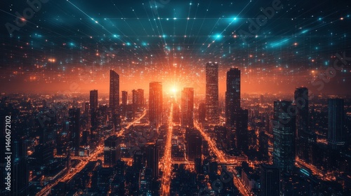 Wallpaper Mural Night Cityscape: Futuristic Metropolis Illuminated at Sunset with Digital Network Connections Torontodigital.ca