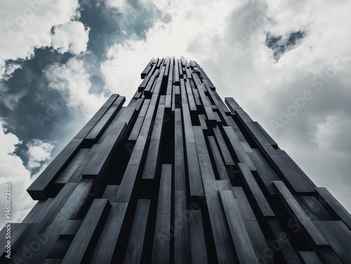 Obraz na płótnie A towering, abstract structure reaches towards the sky, surrounded by dramatic clouds, showcasing modern architectural design. w salonie