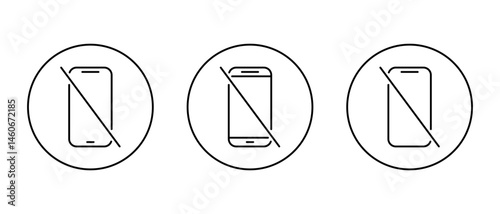 No smartphone device outline icon set on circle line. Crossed-out mobile phone symbol. Cellphone prohibition sign
