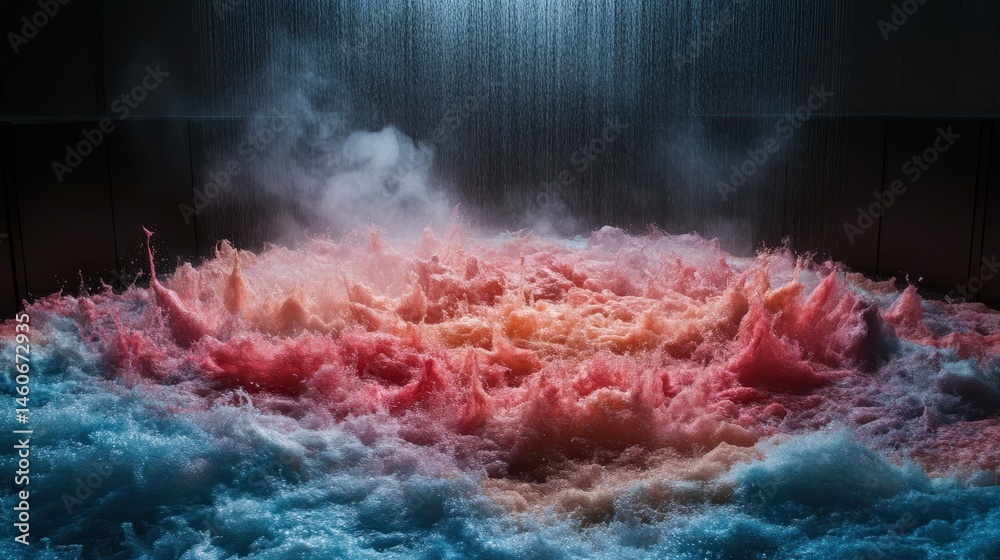 Vibrant water splashes in shades of pink and blue create a dynamic, artistic scene, illuminated by a cascading waterfall.