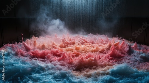 Obraz na płótnie Vibrant water splashes in shades of pink and blue create a dynamic, artistic scene, illuminated by a cascading waterfall. w salonie