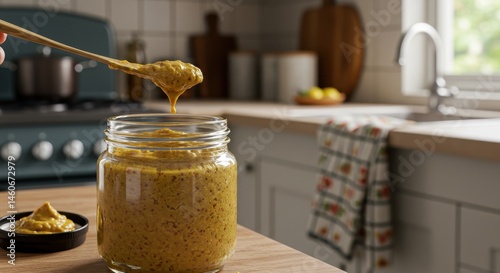Rustic kitchen scene with a jar of homemade mustard and wooden spatula, showcasing culinary creativity and vibrant food preparation lifestyle