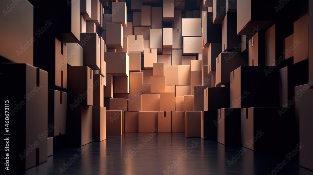 A warehouse filled with stacked boxes creating an abstract, geometric pattern with warm lighting.