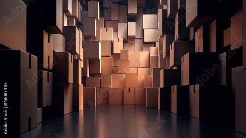Obraz na płótnie A warehouse filled with stacked boxes creating an abstract, geometric pattern with warm lighting. w salonie