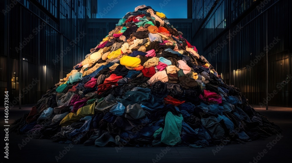 A large pile of discarded clothing in a modern architectural setting, highlighting issues of waste and consumerism.