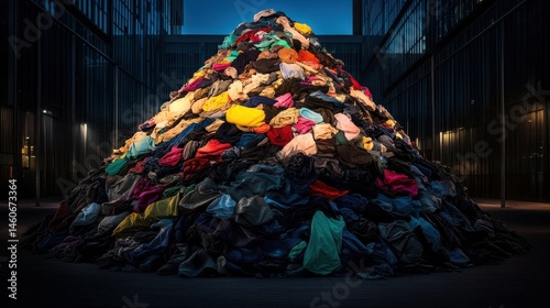 Obraz na płótnie A large pile of discarded clothing in a modern architectural setting, highlighting issues of waste and consumerism. w salonie
